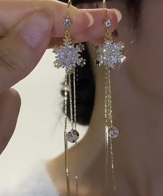 Diy Gold Alloy Zircon Snowflake Tassel Drop Earrings