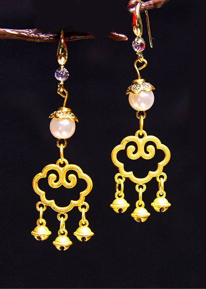 Art Small Bell Auspicious Clouds 14k Gold Pearl Drop Earrings