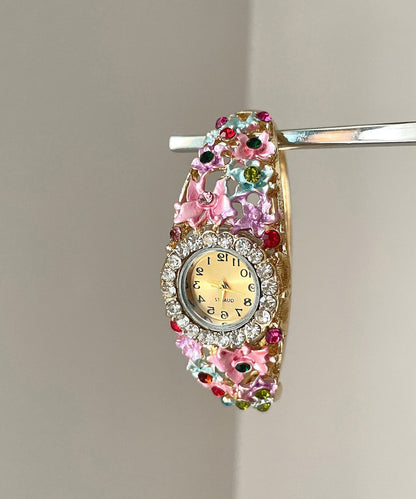 Gold Pink Alloy Zircon Cloisonne Watches