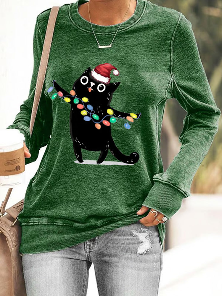 Women's Christmas Lights And Black Cat Print Sweatshirt elevenforest