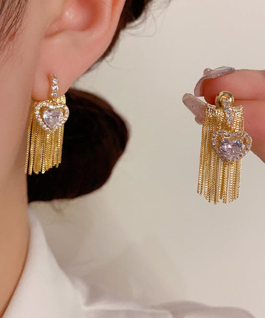 Gold Copper Overgild Zircon Love Tassel Drop Earrings