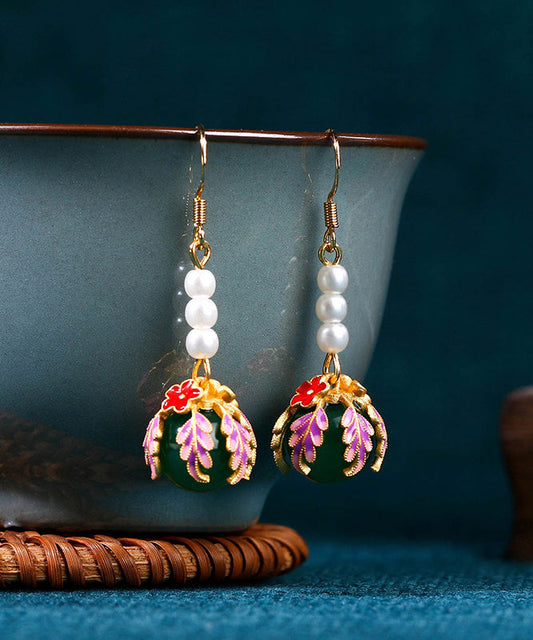 Rainbow Sterling Silver Overgild Pearl Chalcedony Hollow Out Drop Earrings