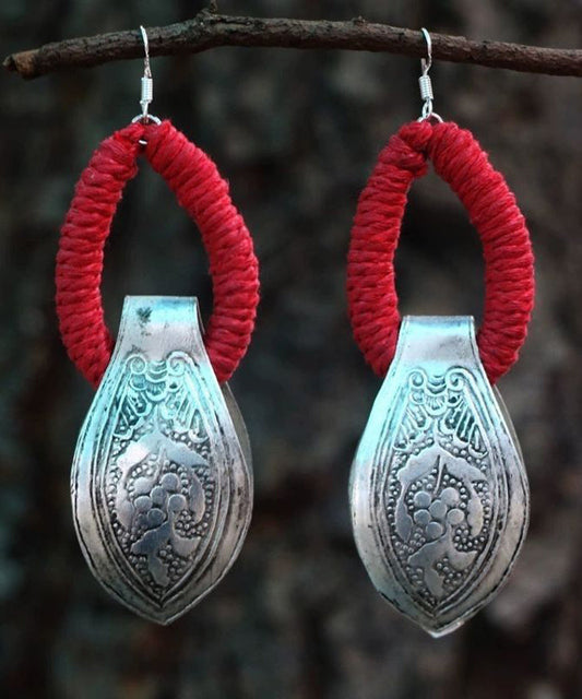 Red Sterling Silver Engrave Hoop Earrings