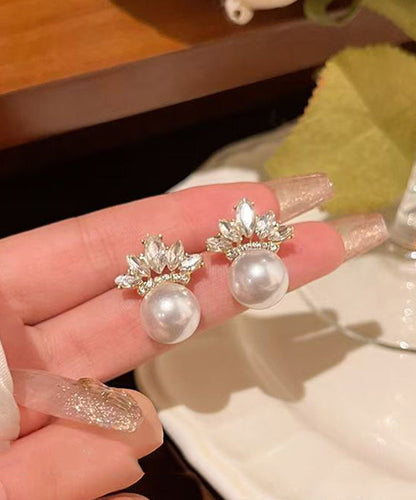 Gold Copper Alloy Zircon Leaf Pearl Stud Earrings