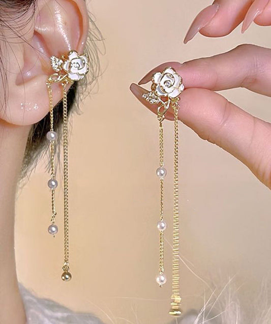 Stylish Gold Copper Overgild Pearl Chain Tassel Drop Earrings