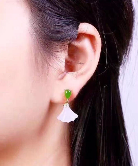 White Sterling Silver Inlaid Jade Fan Shaped Drop Earrings