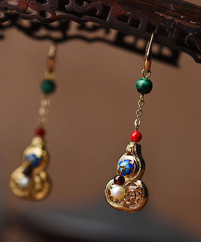 Unique Gold Color Gourd Original Design 14k Gold Drop Earrings