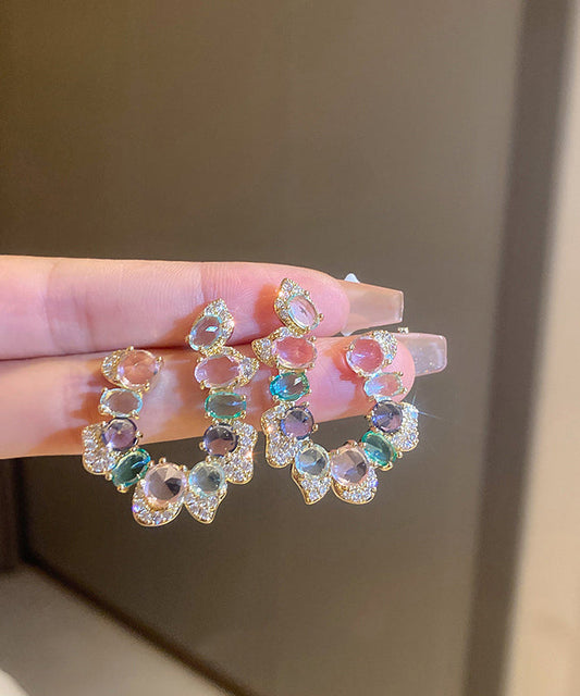 Rainbow Copper Zircon Crystal Asymmetric U Shaped Hoop Earrings
