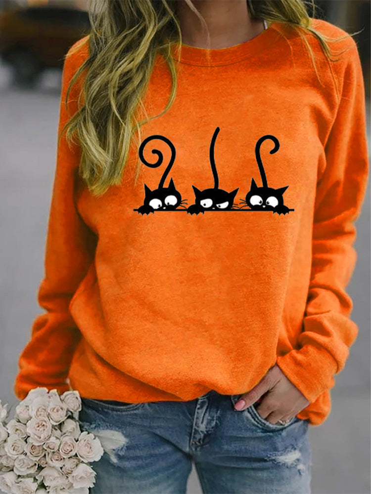 Women's Casual Black Cat Print Sweatshirt elevenforest