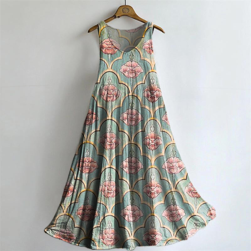 Women's Vintage Ethnic Floral Art Print Sleeveless Cotton Pocket Dress