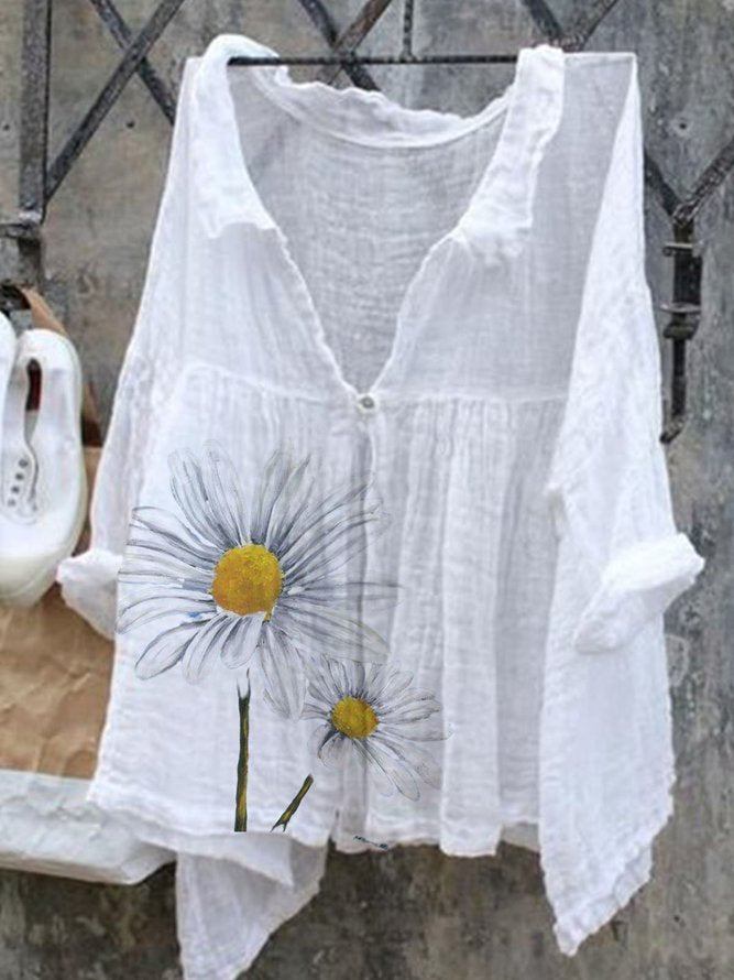 White Casual Long Sleeve Shirt Collar Shirts & Tops