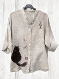 Japanese Art Cat Print Cozy Cotton Linen Shirt elevenforest