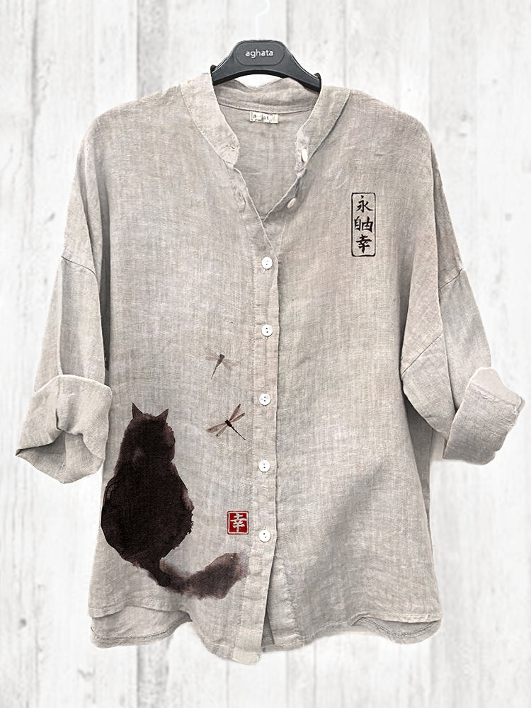 Japanese Art Cat Print Cozy Cotton Linen Shirt elevenforest