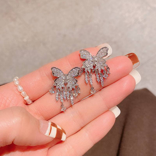 Diy Silk Sterling Silver Zircon Butterfly Tassel Drop Earrings