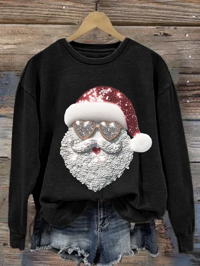 Comstylish Retro Santa Christmas Print Round Neck Sweatshirt