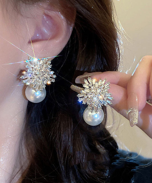 Stylish White Alloy Pearl Zircon Stud Earrings