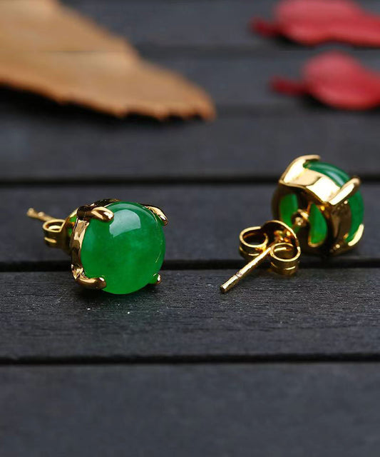 Diy Green Sterling Silver Inlaid Jade Stud Earrings