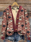 Cute Cats and Waves Print Cozy Hooded Cardigan elevenforest
