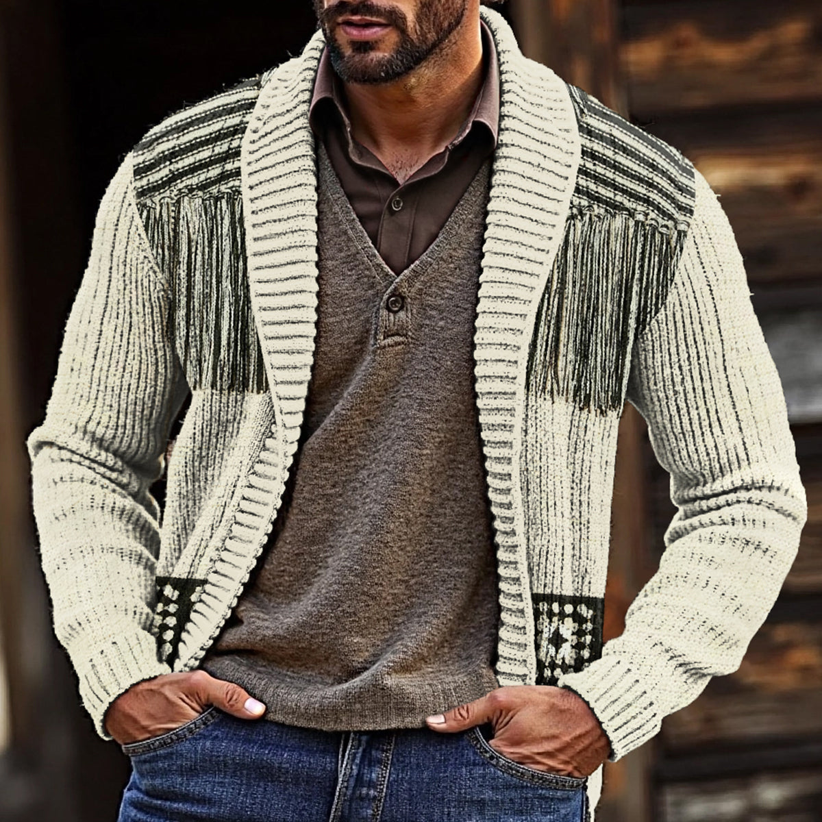 Men'S Vintage Tassels Knitted Jacquard Cozy Sweater Cardigan artswardrobe
