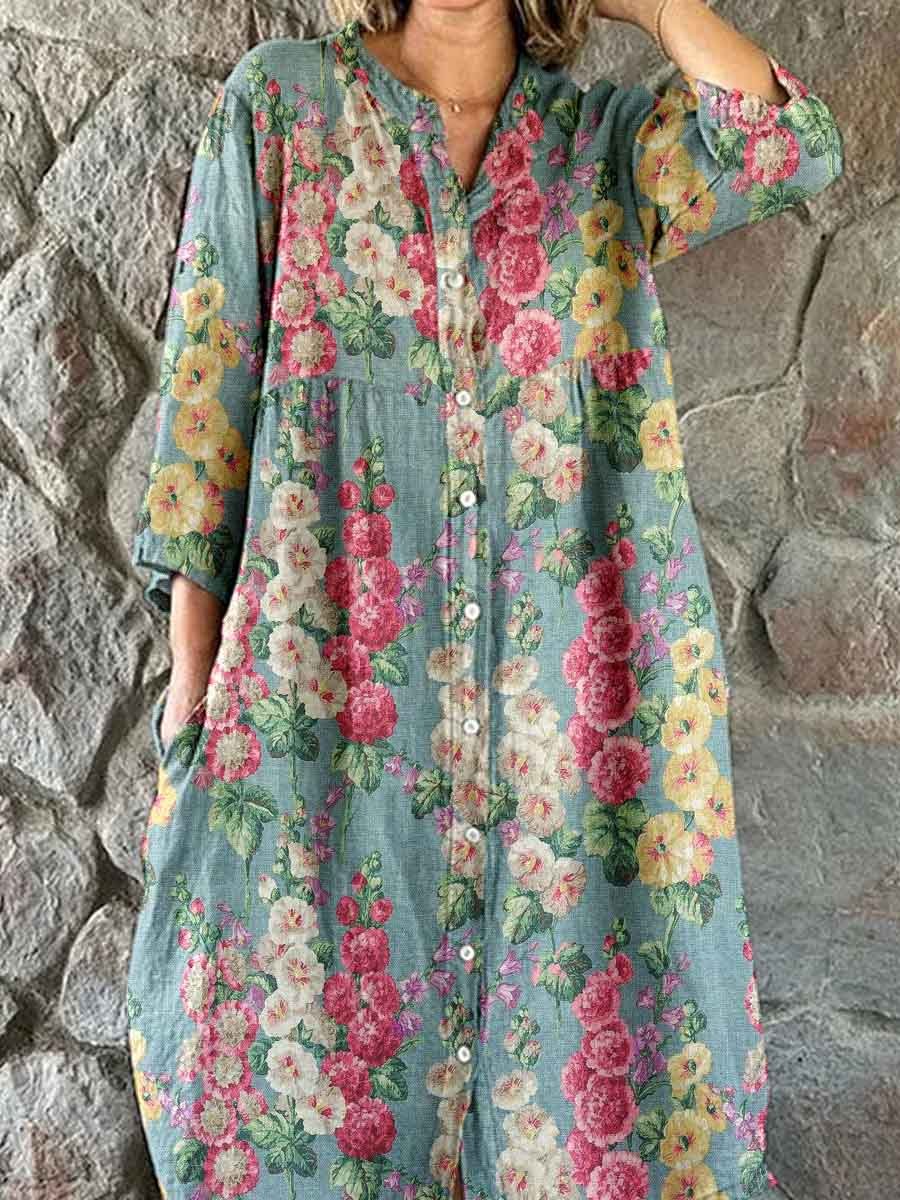 Women's Elegant Vintage Floral Print Shirt Style Cotton and Linen Dres