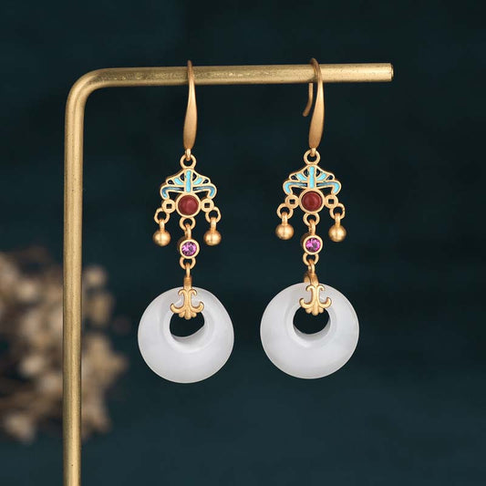 Fengshui White Jade Blessing Drop Earrings