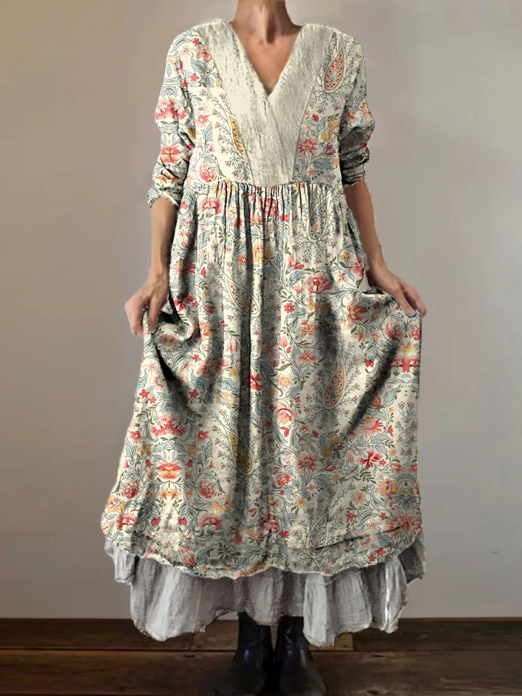 Women's Vintage Paisley Floral Art Print V-Neck Button Pocket Cotton D
