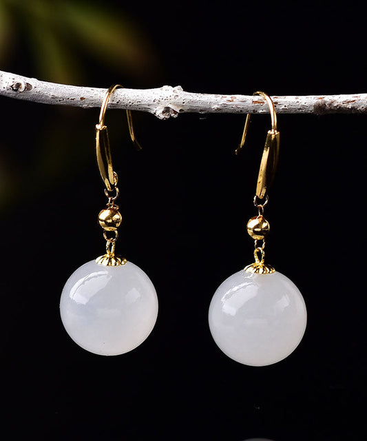 Simple Gold 18k Gold Inlaid Sheep Fat Jade Ball Drop Earrings