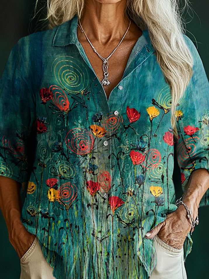 Women's Floral Pattern Art Print Casual Cotton Shirt