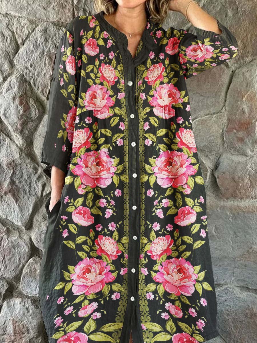 Women's Elegant Floral Print Simple Shirt Cotton Linen Dress