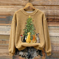 Women's Christmas Cats And Dogs Embroidery Art Comfort Plush Sweatshirt elevenforest