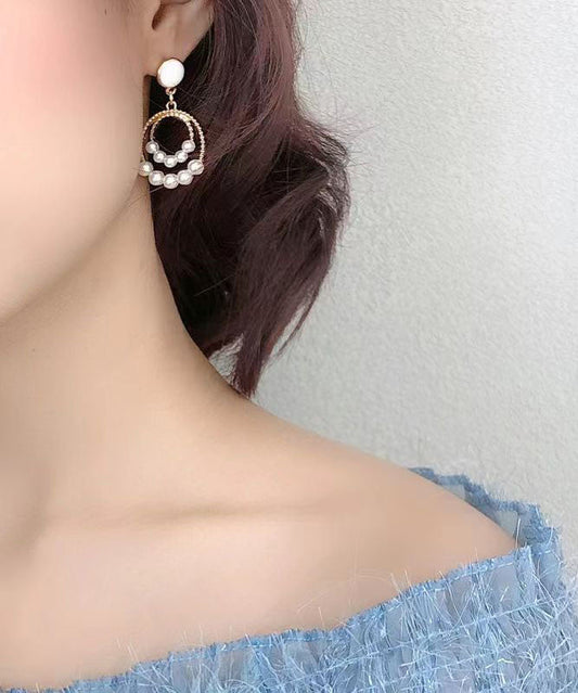 Gold Sterling Silver Alloy Pearl Circle Drop Earrings