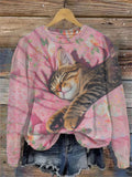 Women's Casual Japanese Art Black Cat Print Sweatshirt elevenforest