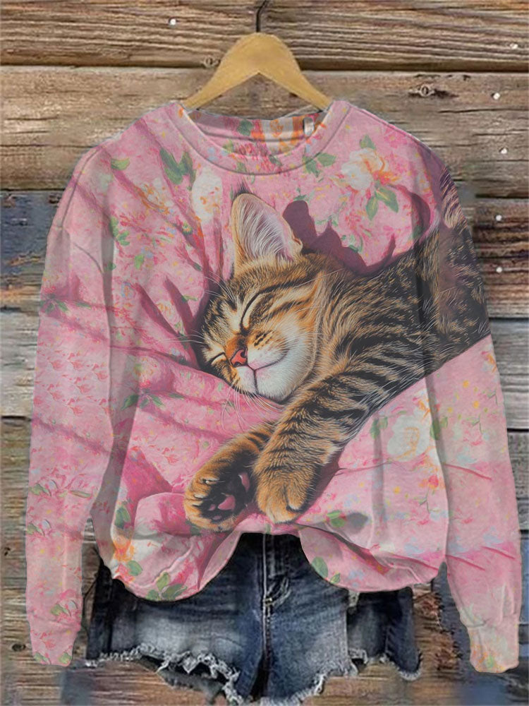 Women's Casual Japanese Art Black Cat Print Sweatshirt elevenforest