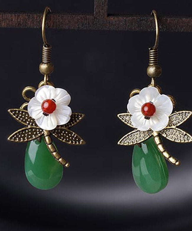 Green Sterling Silver Agate Shell Flower Cloured Glaze Dragonfly Drop Earrings