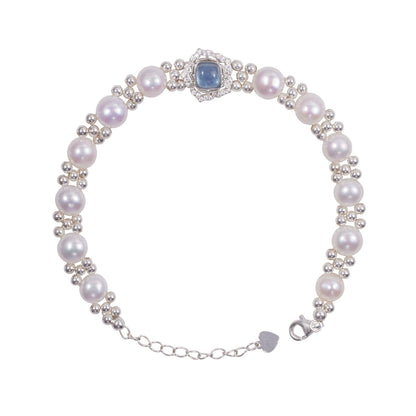 Modern Blue Sterling Silver Overgild Inlaidgem Stone Pearl Chain Bracelet