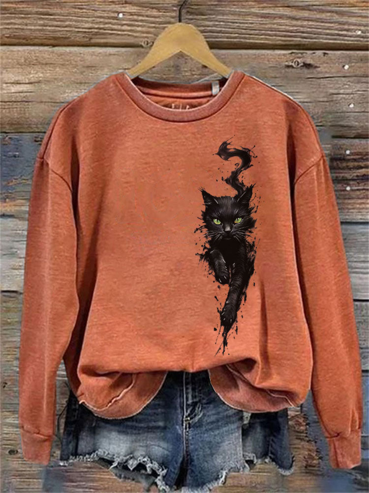 Women's Casual Funny Black Cat Print Sweatshirt elevenforest