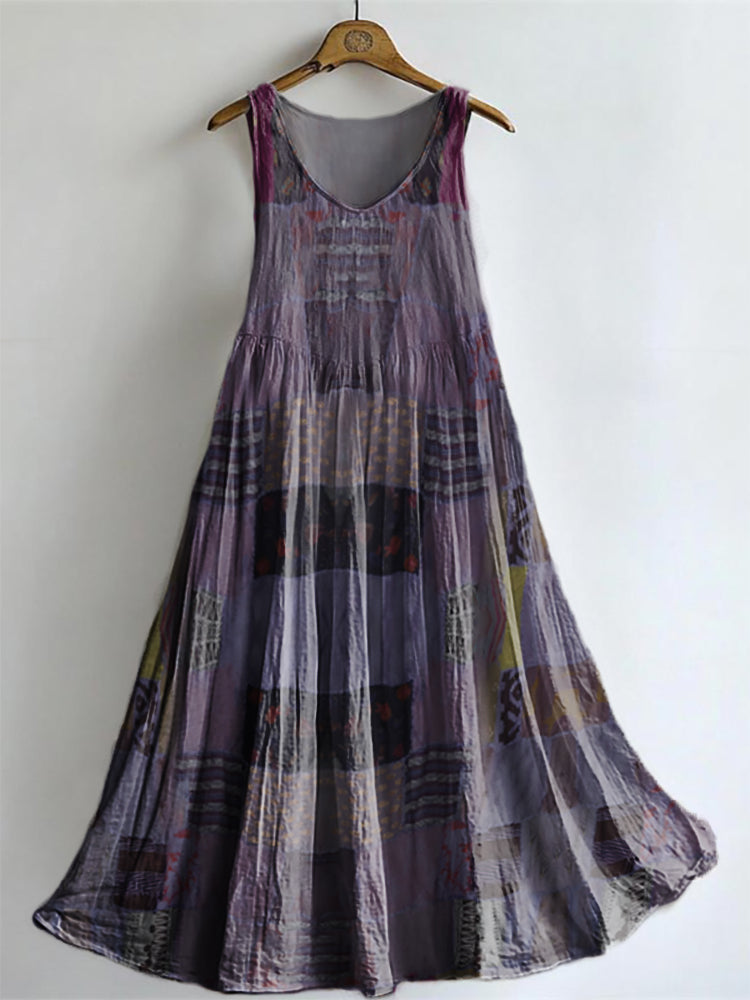 Women's Hippie Patchwork Art Pattern Print Sleeveless Cotton Pocket Dr