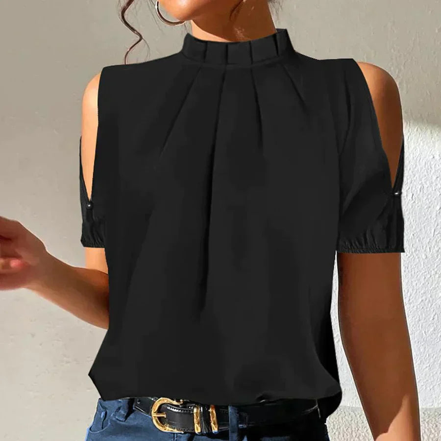 LM | Chic black pleated top with open sleeves
