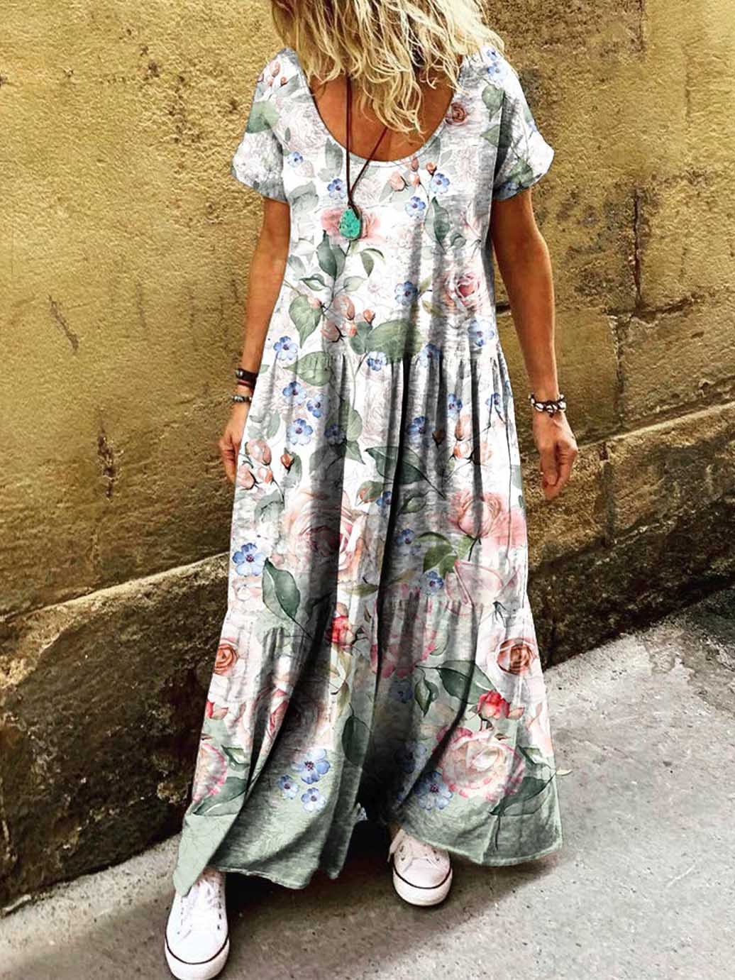 Women's Floral Art Print Pocket Short Sleeve Cotton Dresses