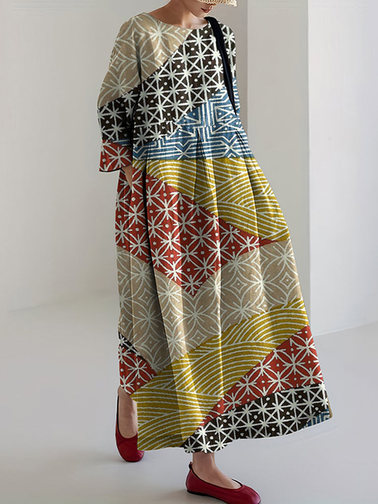 Vintage Color Block Patch Printed Casual Midi Dress