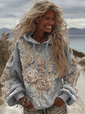 Women's Classic Romantic White Rose Embroidery Art Comfy Hoodie artswardrobe