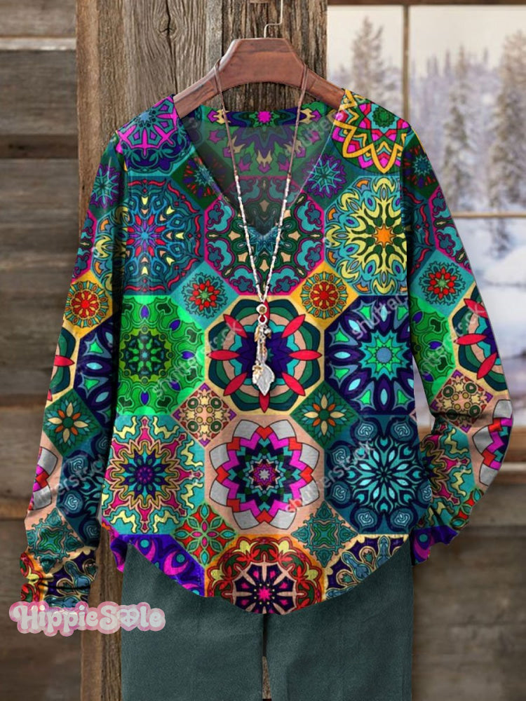 Women's Abstrct Floral Art Print Casual V-neck Long Sleeve T-shirt