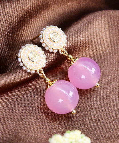 Pink Sterling Silver Pearl Chalcedony Ball Drop Earrings