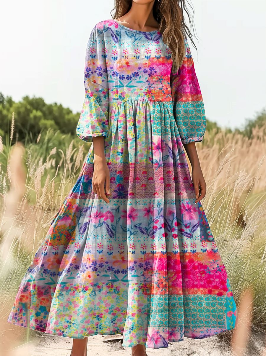 Women's Patchwork Floral Art Print Cotton Round Neck Dress