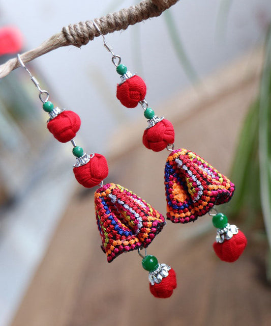 Handmade Red Cotton Linen Embroidered Drop Earrings