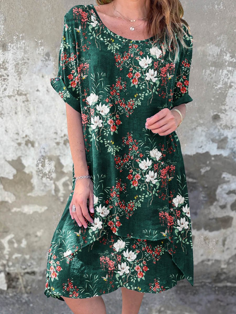 Women's Summer Vintage Floral Art Casual Round Neck Cotton Dress