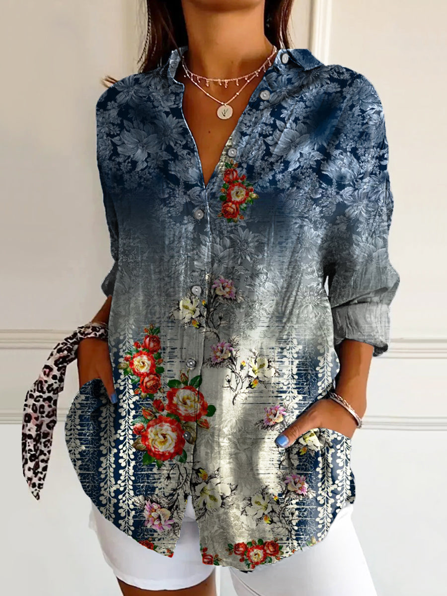 Women's Vintage Floral Art Print Casual Cotton Shirt