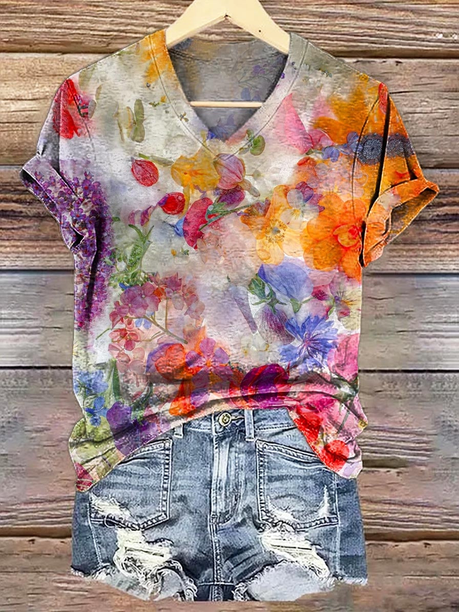 Women's Watercolor Floral Print V-Neck Comfort Cotton T-Shirt