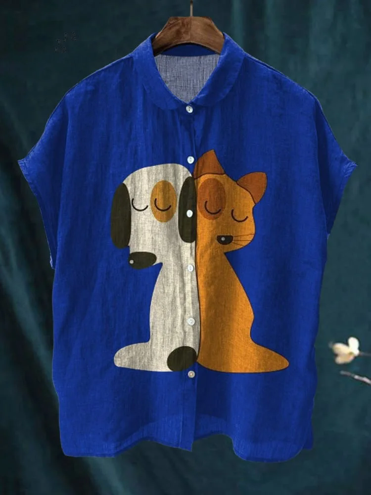 Women's Vintage Lovely Dog And Cat Art Print Casual Cotton Linen Shirt