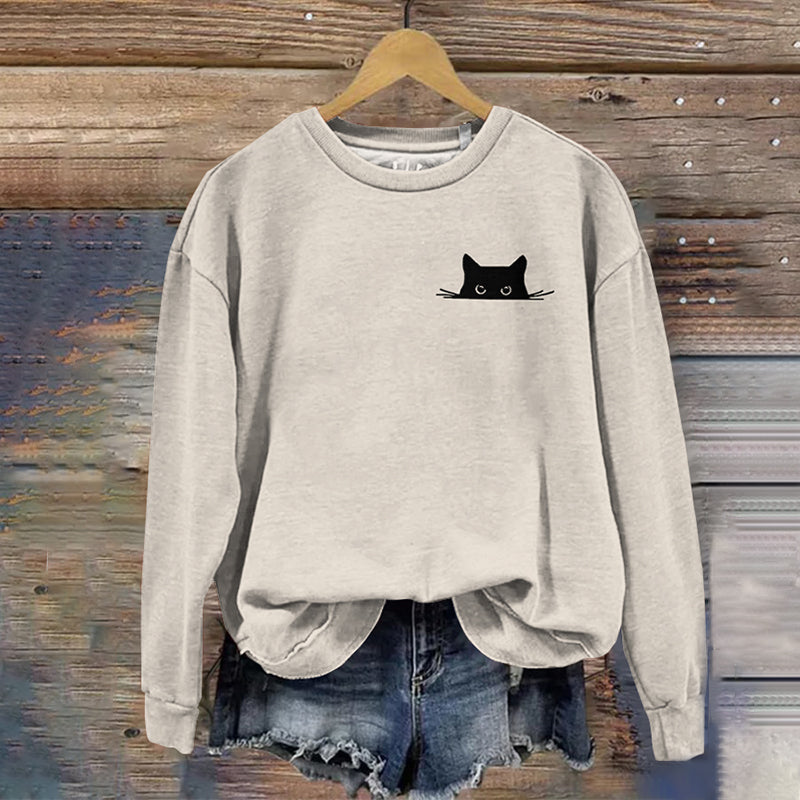 Women's Embroidered Black Cat Print Sweatshirt elevenforest